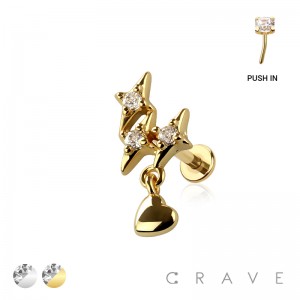 GLORY MULTI STAR CZ HEART DANGLE TOP THREADLESS (PUSH IN) 316L SURGICAL STEEL LABRET SET